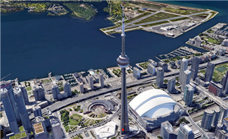  در  این  تصویر  موقعیت  برج  سی‌ان،  استادیوم  راجرز  سنتر  و  مرکز  همایش‌های  راه‌آهن  تورنتو،  فرودگاه  پورتر  و  جزیره  مرکزی  مشاهده  می‌شود.  (عکس  از  Google  earth) 